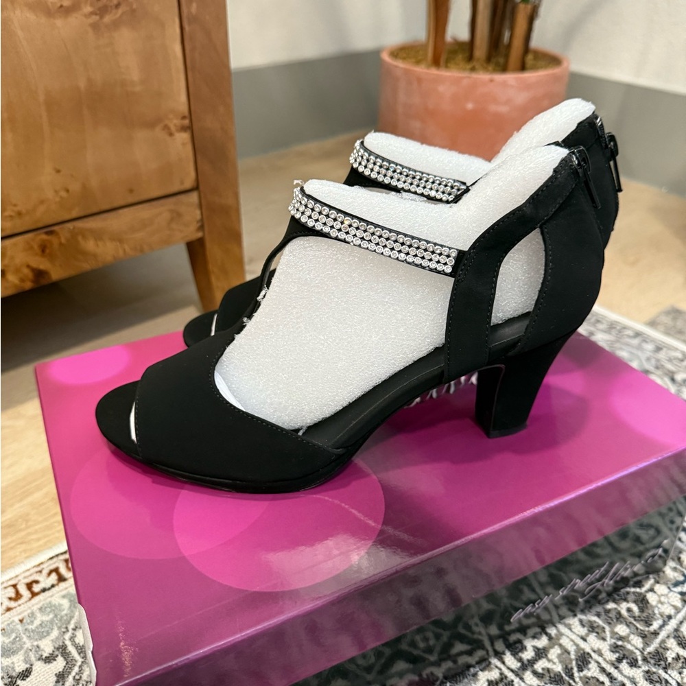 Black Art Deco Inspired Heels with T-Strap